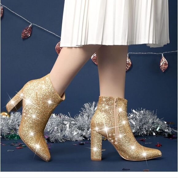 Size 7 Perphy Gold Metallic Glitter Pointed Toe Chunky Heel Ankle Boots Booties - Picture 2 of 10